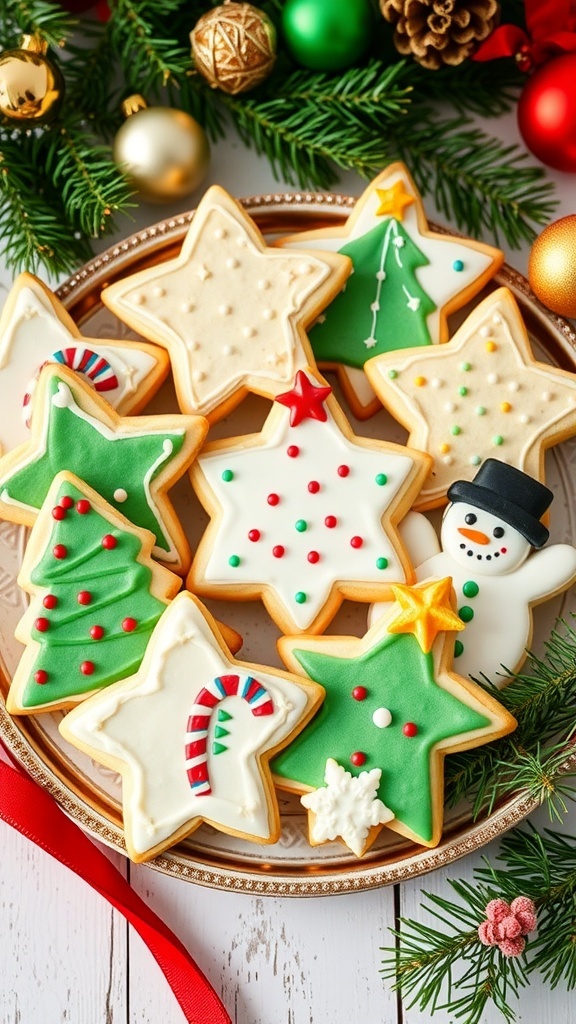 Christmas Sugar Cookies for The Sims 4 A plate of decorated Christmas sugar cookies in festive shapes, surrounded by holiday decorations.